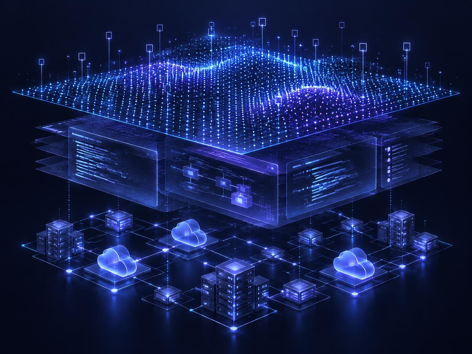 Abstract illustration of AI data, software layers and cloud infrastructure connected as one system